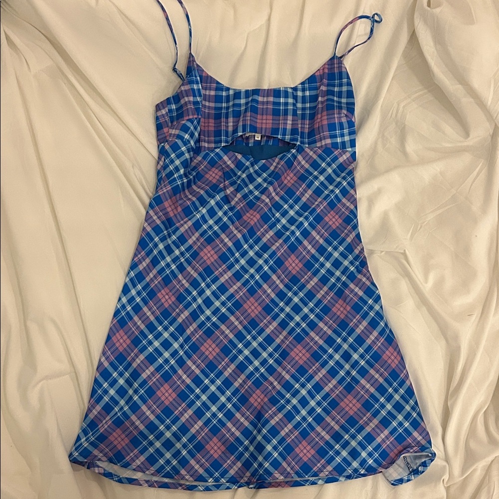Blue & Pink Plaid Slip Dress With Cutout